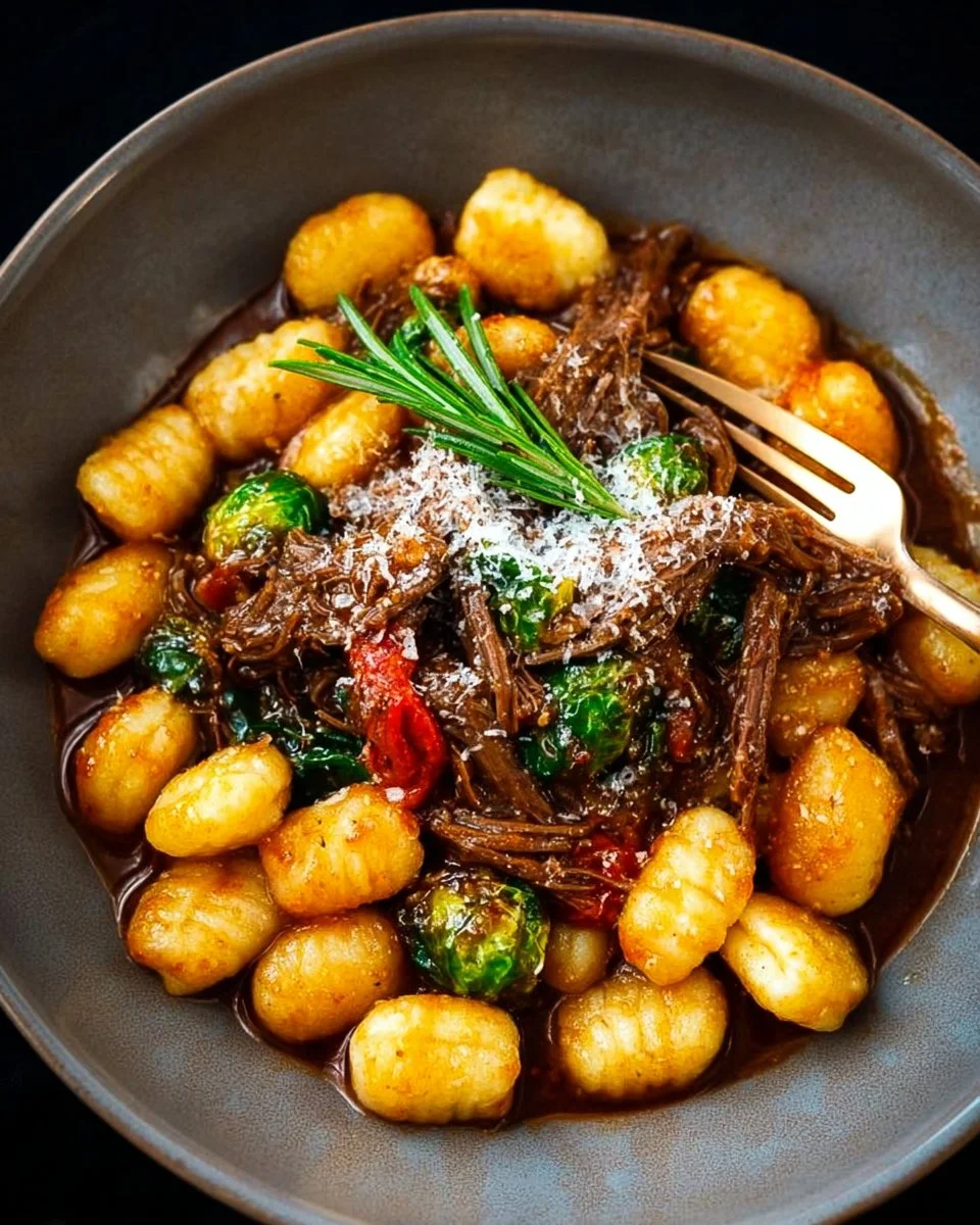 Delicious pot roast gnocchi served in a bowl with herbs and sauce