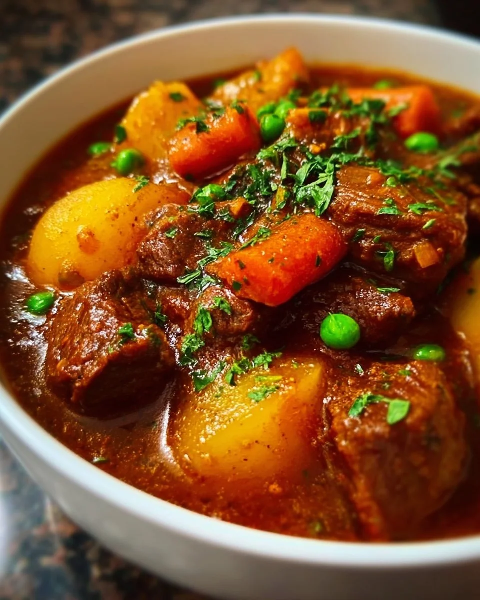 Tender gluten free beef stew in a bowl with vegetables and herbs