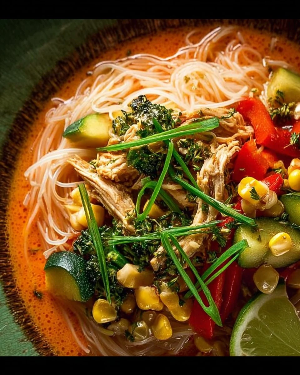 Bowl of Thai red curry chicken noodles garnished with fresh herbs