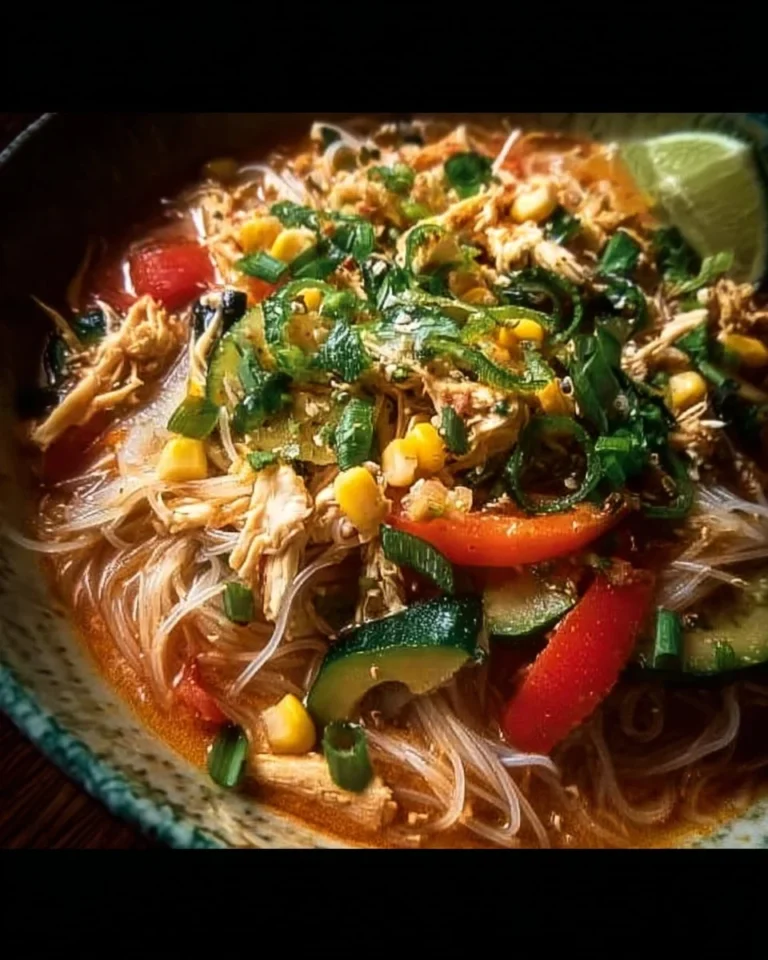 Thai Red Curry Chicken Noodles served with colorful summer vegetables