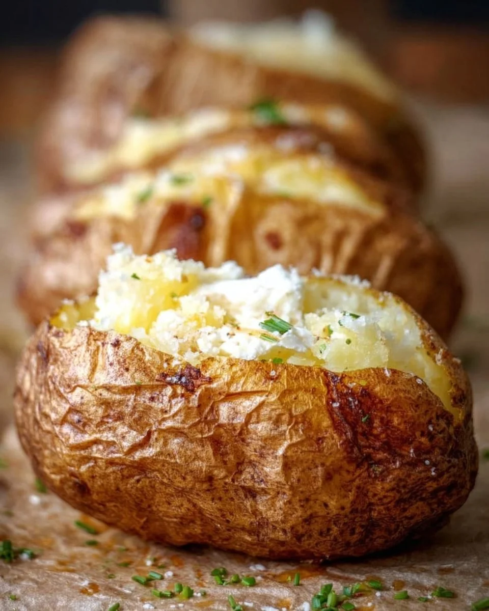 Deliciously baked potato topped with butter and herbs.