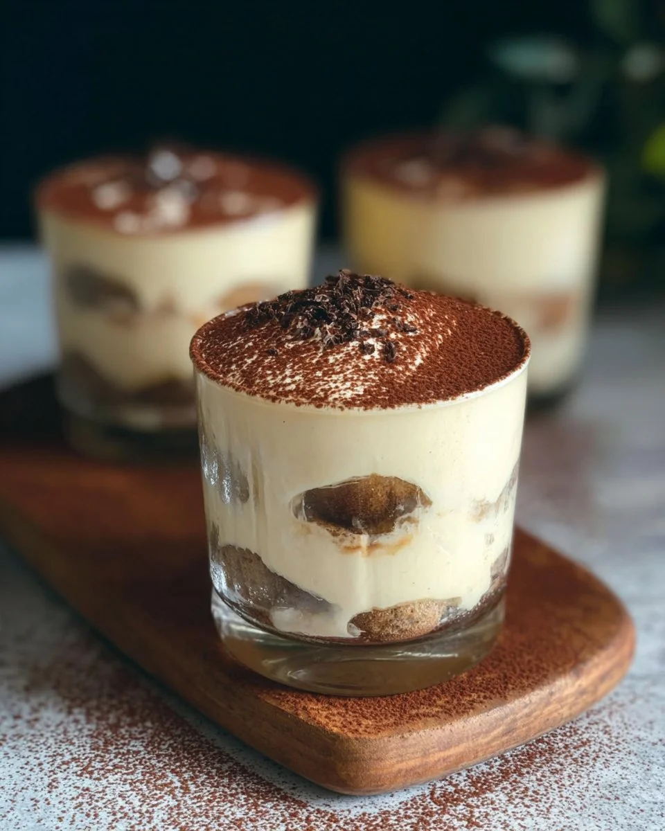 Delicious tiramisu cups with rich layers of coffee and mascarpone cream.