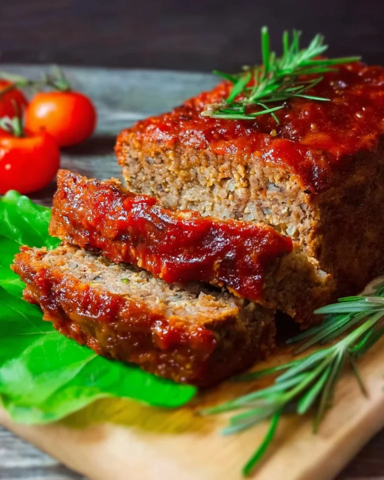 Delicious homemade traditional meatloaf served with mashed potatoes and green beans.