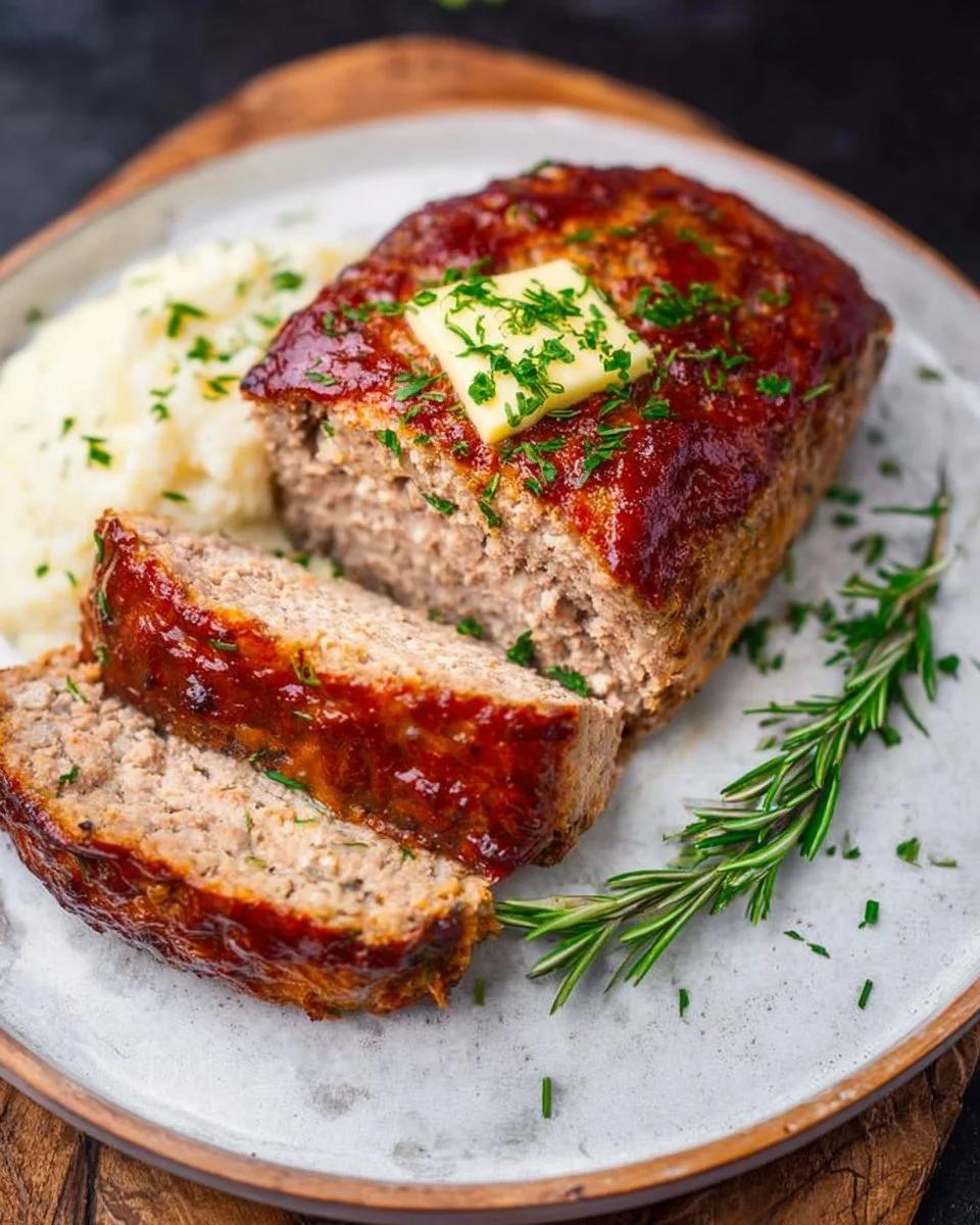 Deliciously baked Turkey Meatloaf served on a plate with fresh herbs.