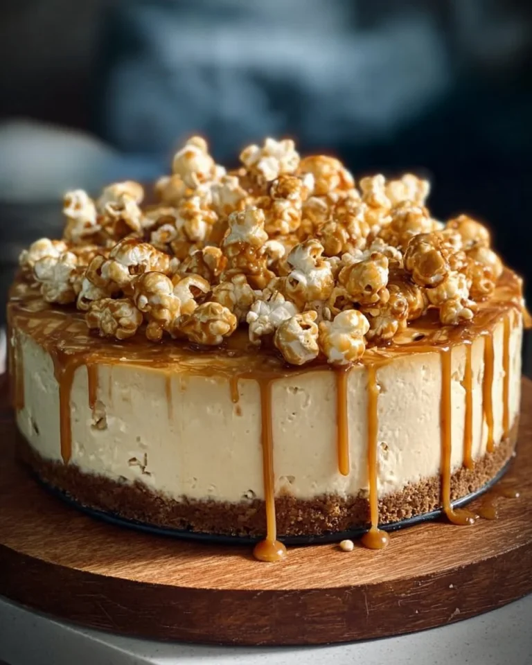 Ultimate Salted Butterscotch Popcorn Cheesecake dessert topped with butterscotch sauce.