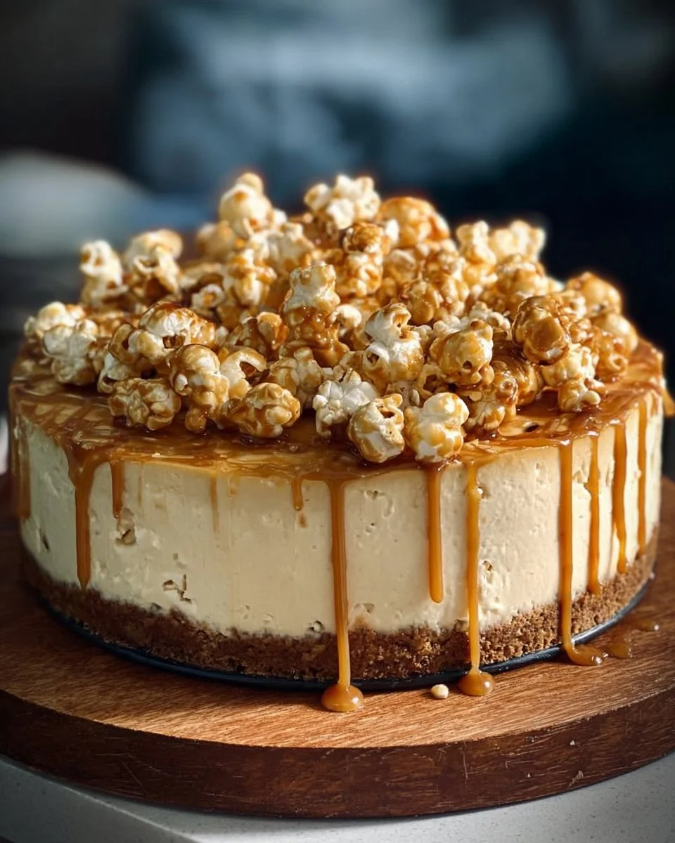 Ultimate Salted Butterscotch Popcorn Cheesecake dessert topped with butterscotch sauce.