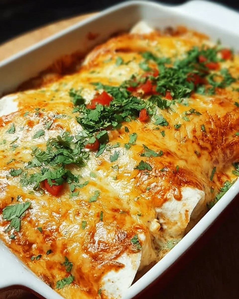 Ultra-creamy chicken enchiladas topped with cheese and sauce on a plate