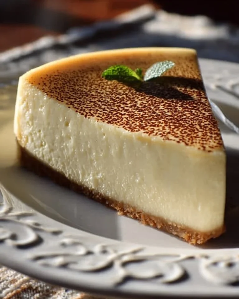 Slice of Vanilla Bean Brown-Butter Cheesecake topped with vanilla bean flecks