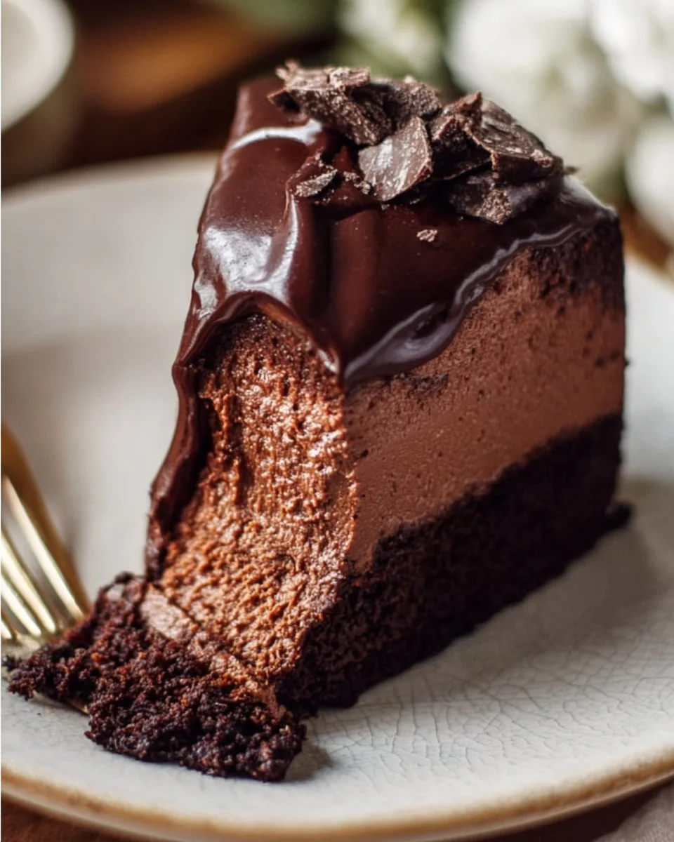 Vegan chocolate mousse cake topped with fresh berries and a rich ganache