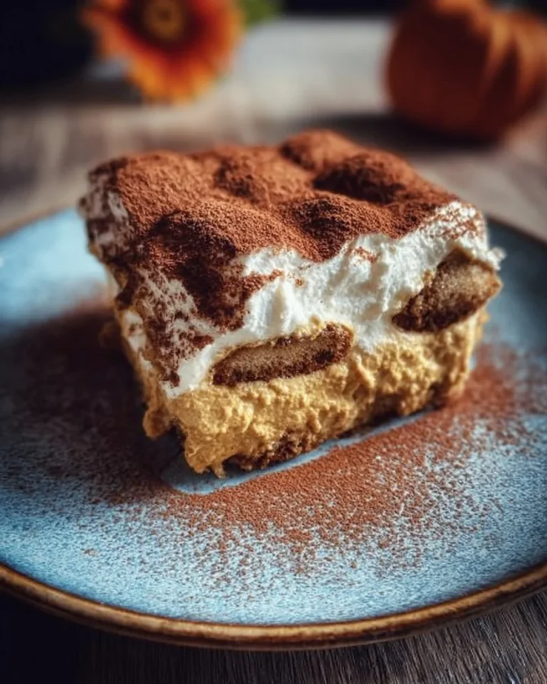 Vegan pumpkin spice tiramisu with layers of creamy filling and spices