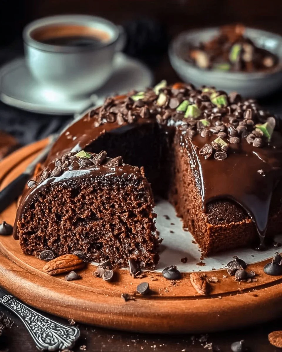 Vegan spiced chocolate zucchini coffee cake topped with frosting and cocoa powder