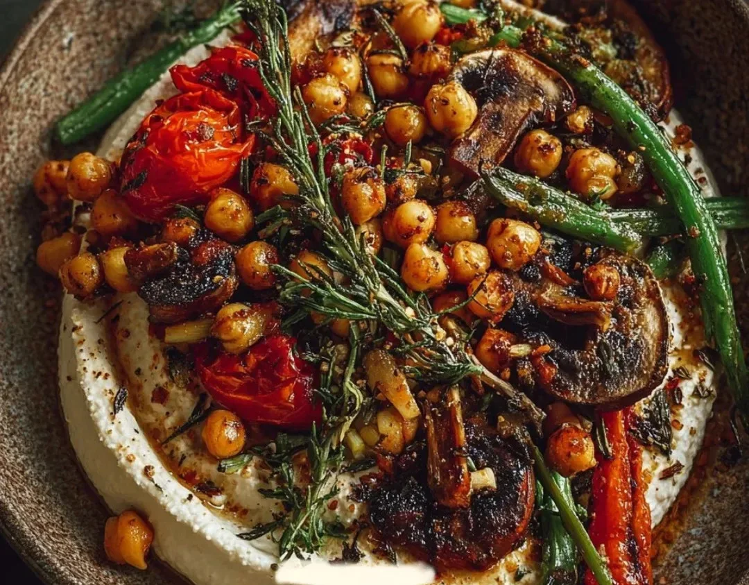 Whipped tofu dish with roasted vegetables and crispy chickpeas on a plate.