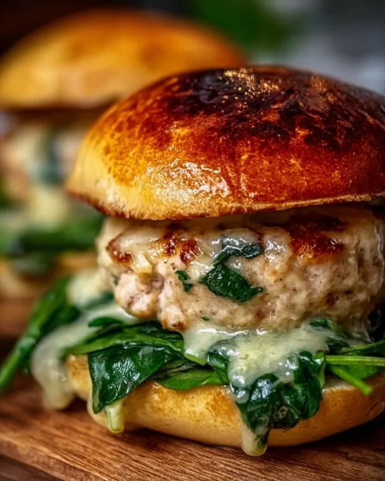 White Cheddar & Spinach Chicken Burgers served on a plate.