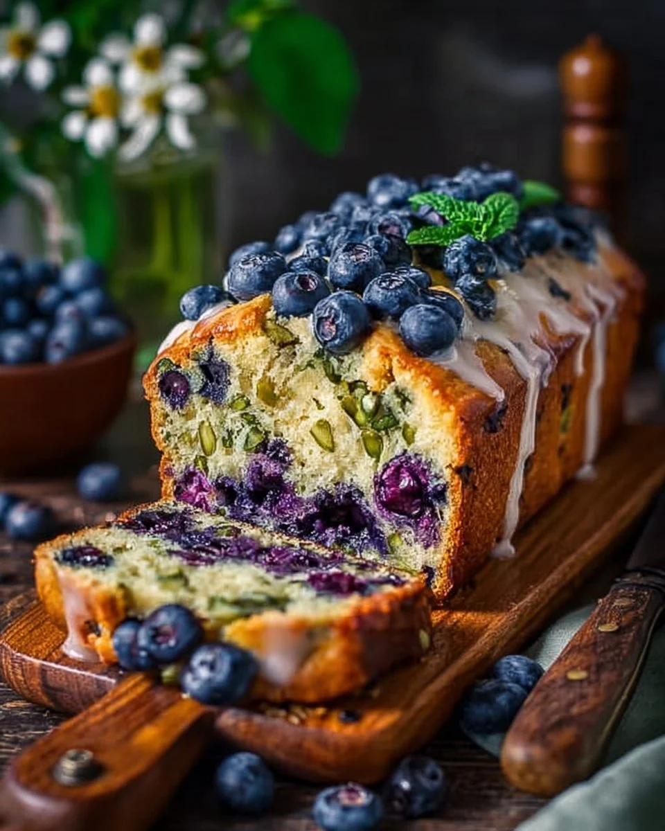Wild Herb Pistachio Blueberry Bread fresh out of the oven, showcasing vibrant blueberries and crunchy pistachios