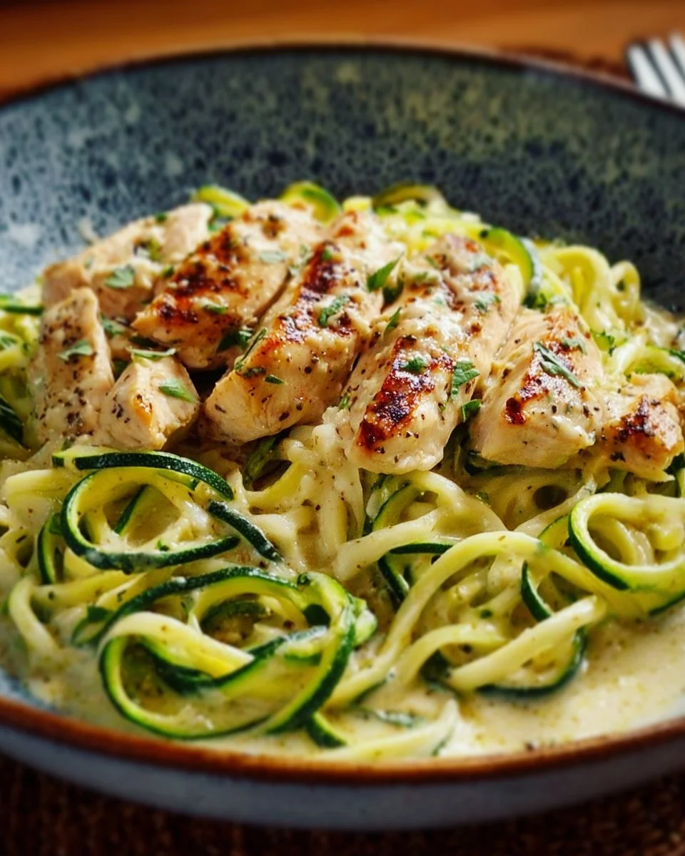 Zucchini Noodle Chicken Alfredo served in a bowl garnished with parsley