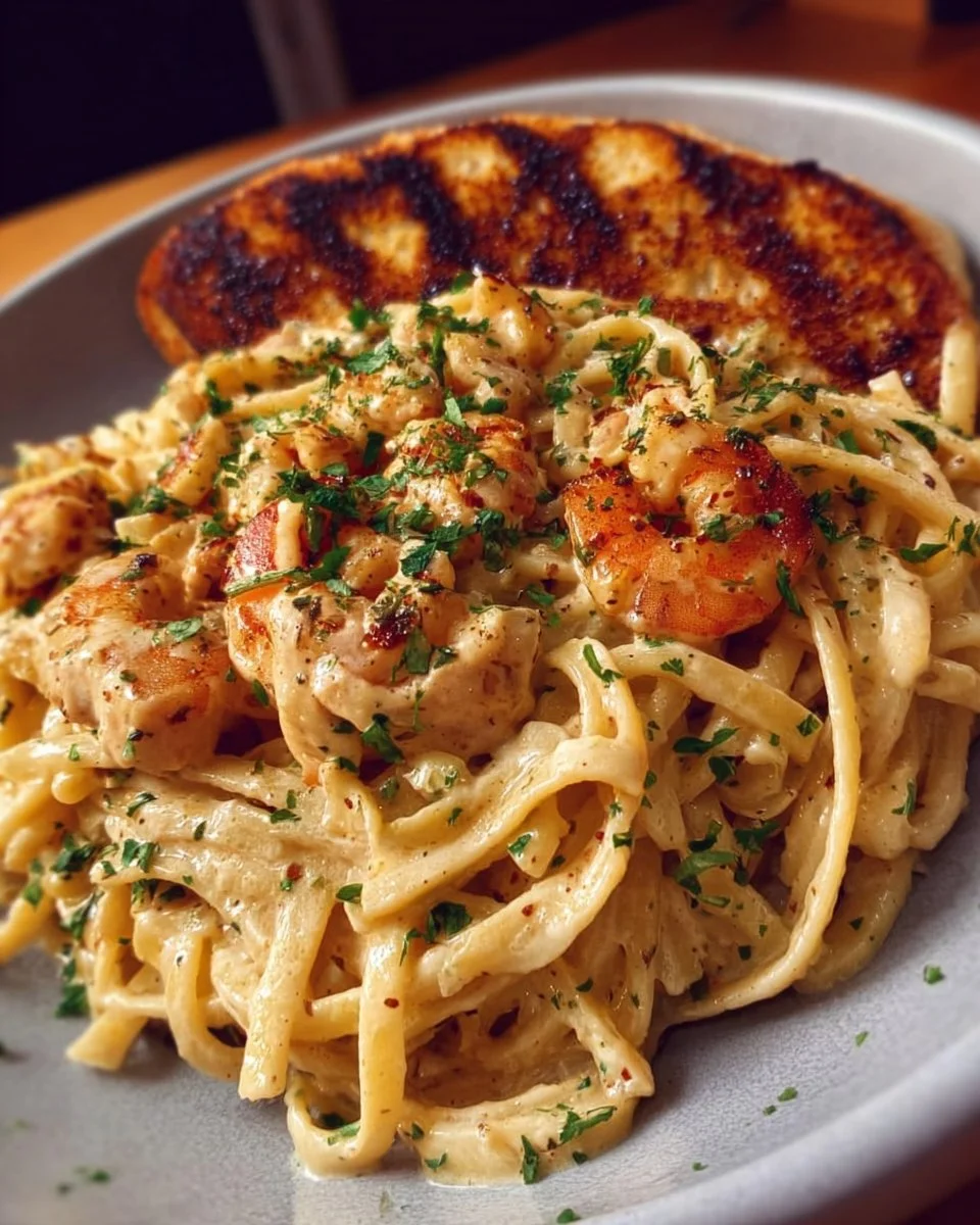 Delicious Alfredo pasta with chicken and shrimp, topped with creamy sauce.