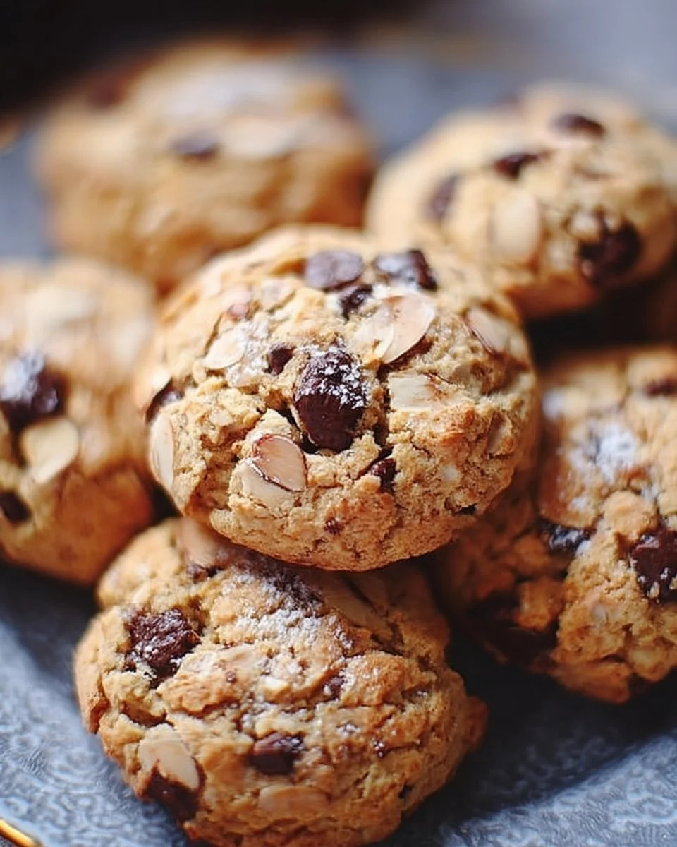 Freshly baked Almond Chocolate Chip Cookies on a cooling rack