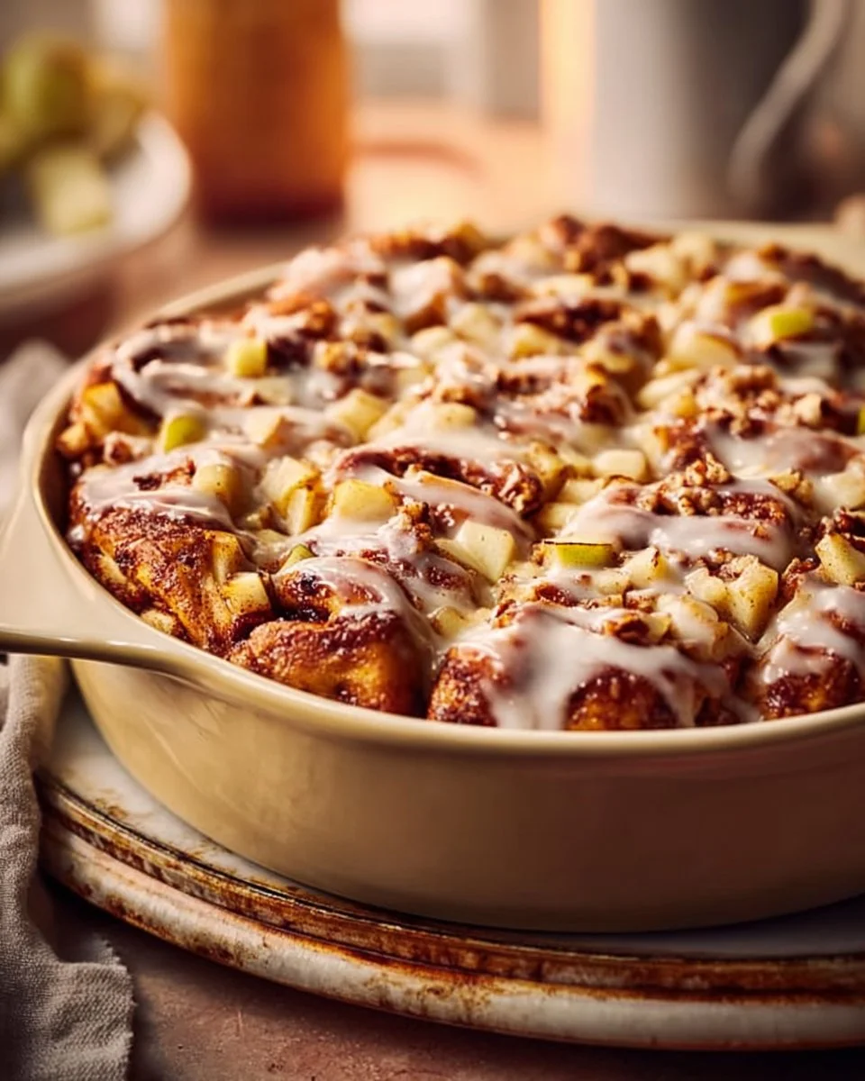 Baked apple pie cinnamon rolls drizzled with icing on a rustic wooden table
