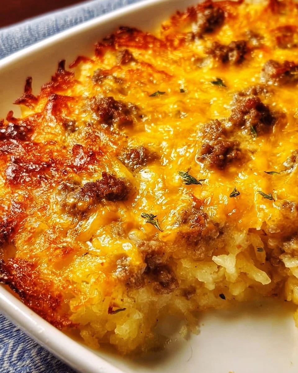 Baked hashbrown casserole with ground beef served in a casserole dish