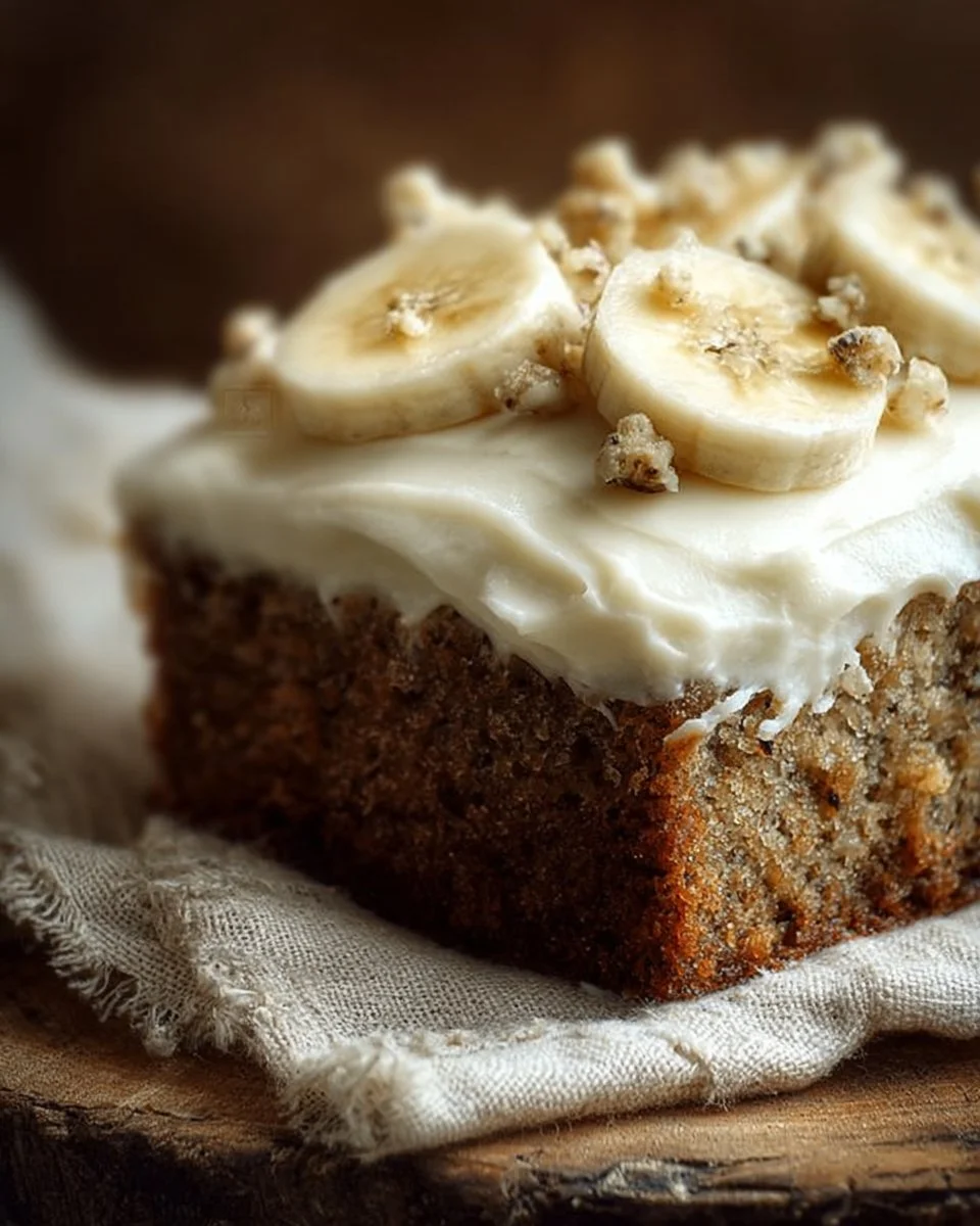 Slice of banana bread cake with cream cheese frosting on a plate.