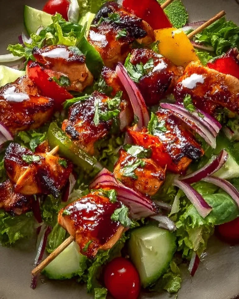 BBQ chicken skewer salad with vibrant vegetables and smoky flavors