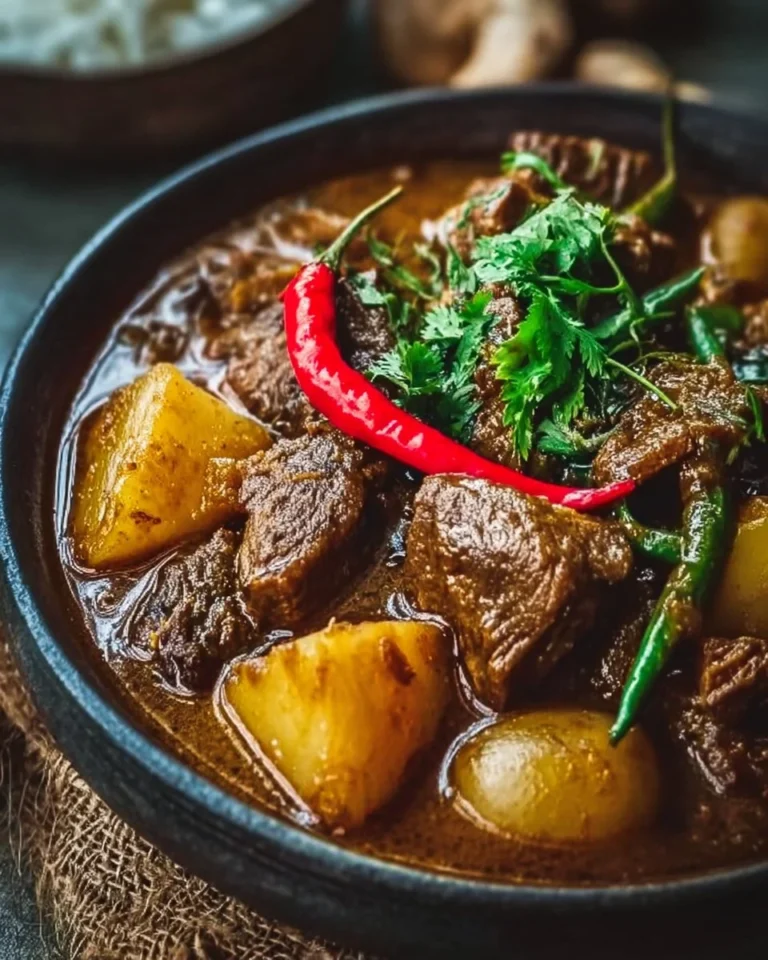 Delicious beef and mushroom massaman curry in a bowl garnished with herbs