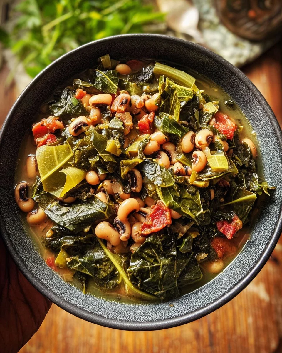 Delicious black eyed peas served with collard greens in a traditional Southern dish.