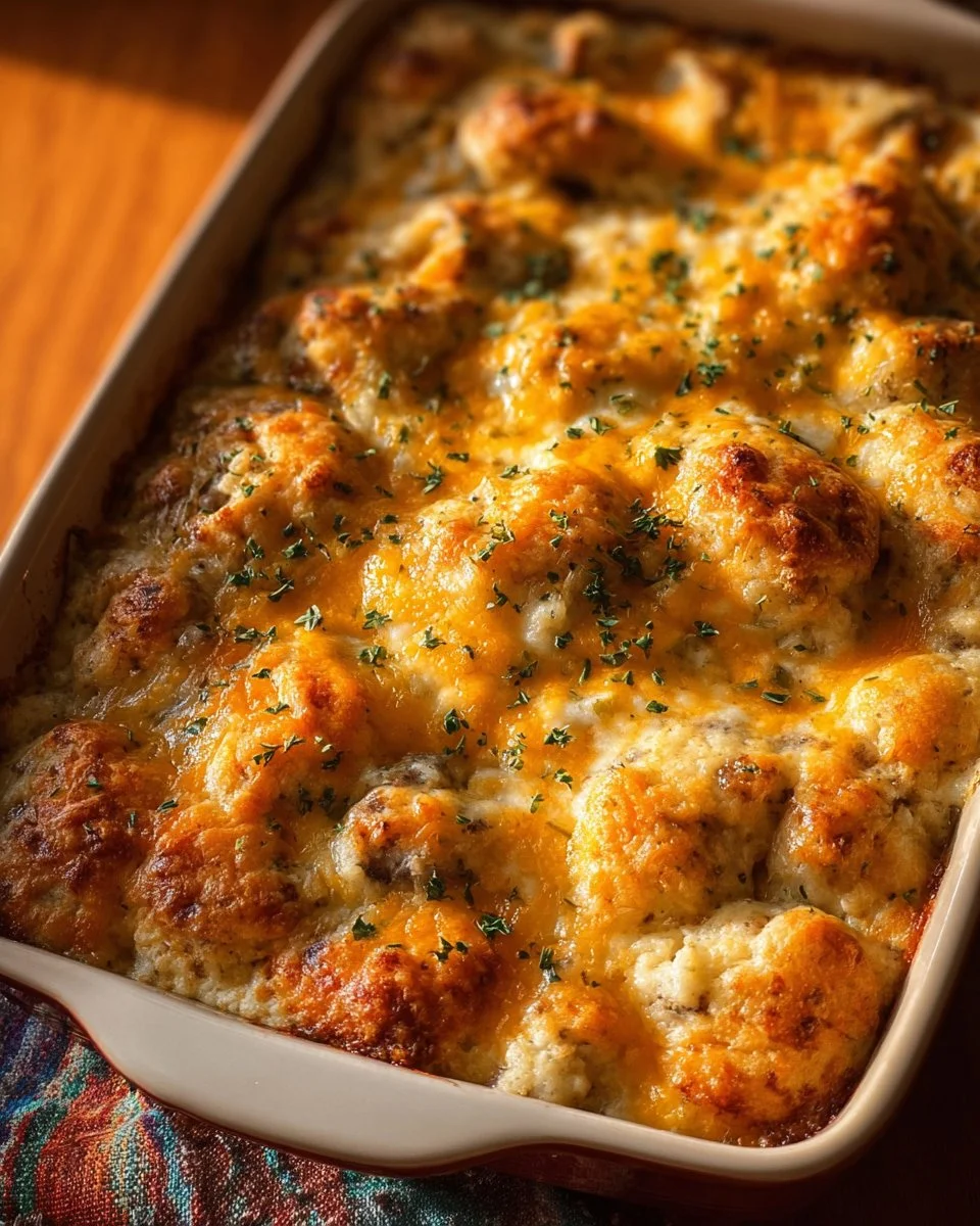 Delicious Biscuits and Gravy Breakfast Casserole served on a plate.