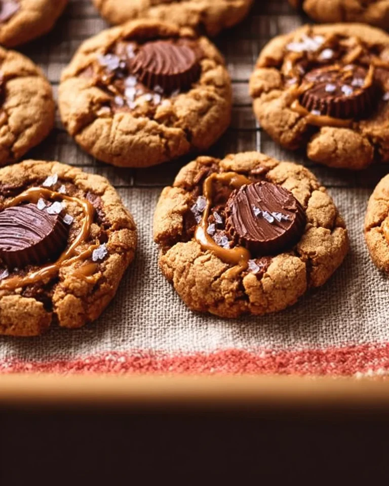 Delicious Brown Butter Peanut Butter Cup Cookies on a cooling rack.