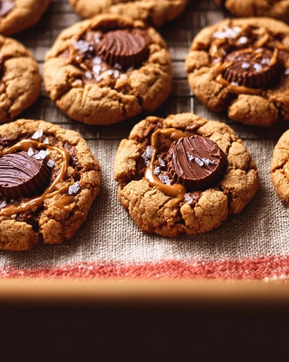 Delicious Brown Butter Peanut Butter Cup Cookies on a cooling rack.