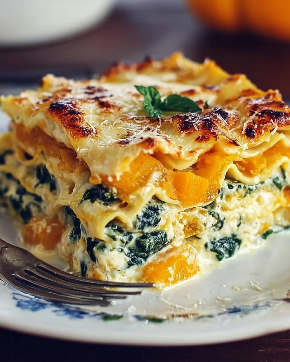 Homemade butternut squash and spinach lasagna served on a plate