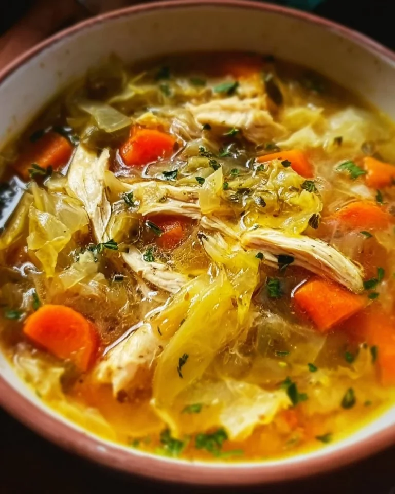 Hearty cabbage chicken soup served in a bowl with herbs and spices.