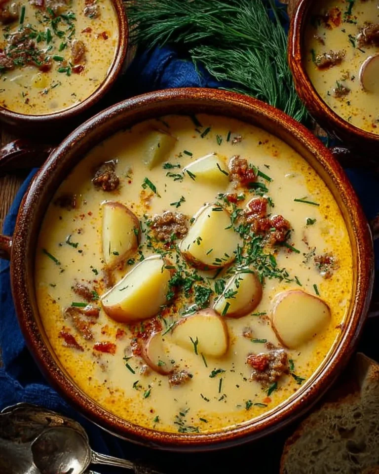 Bowl of Cajun Potato Soup garnished with herbs and spices