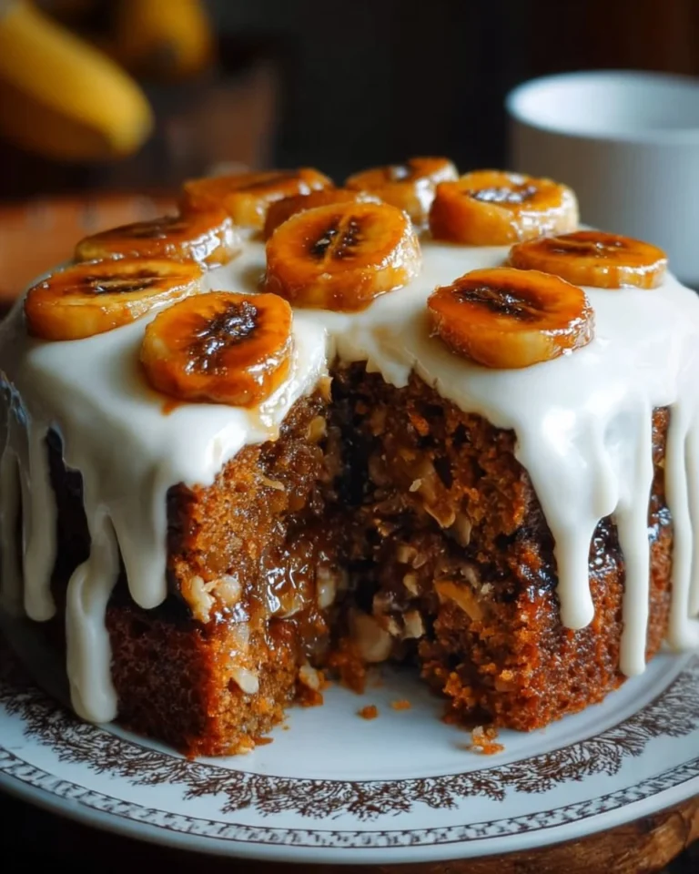 Delicious caramelized banana carrot cake topped with cream and nuts