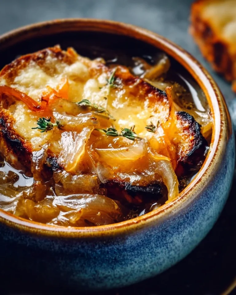 Delicious bowl of caramelized onion soup chicken garnished with herbs