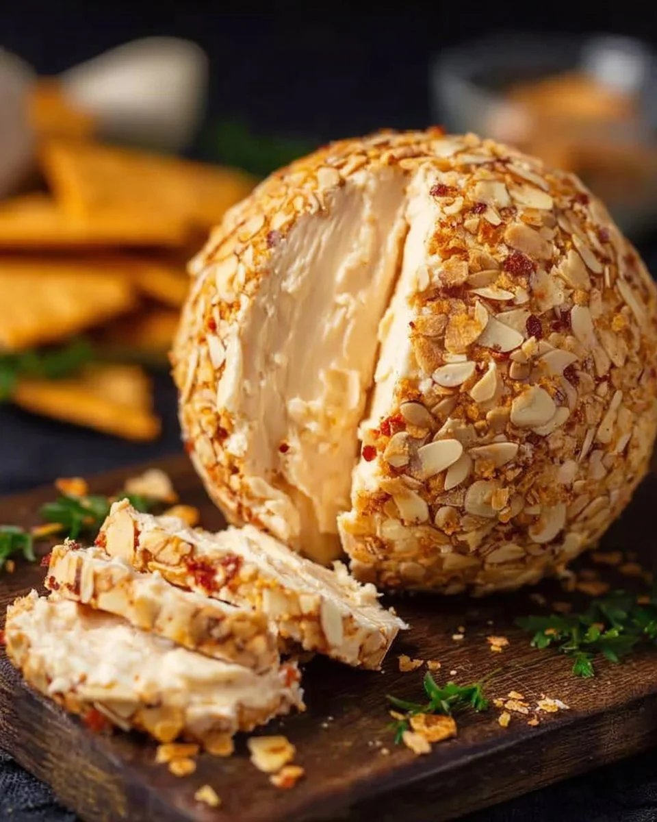 Delicious homemade Cheese Ball served with crackers and herbs