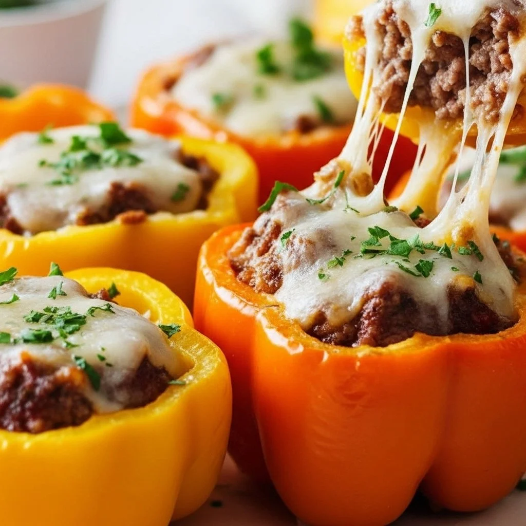Cheeseburger stuffed peppers filled with ground beef, cheese, and veggies