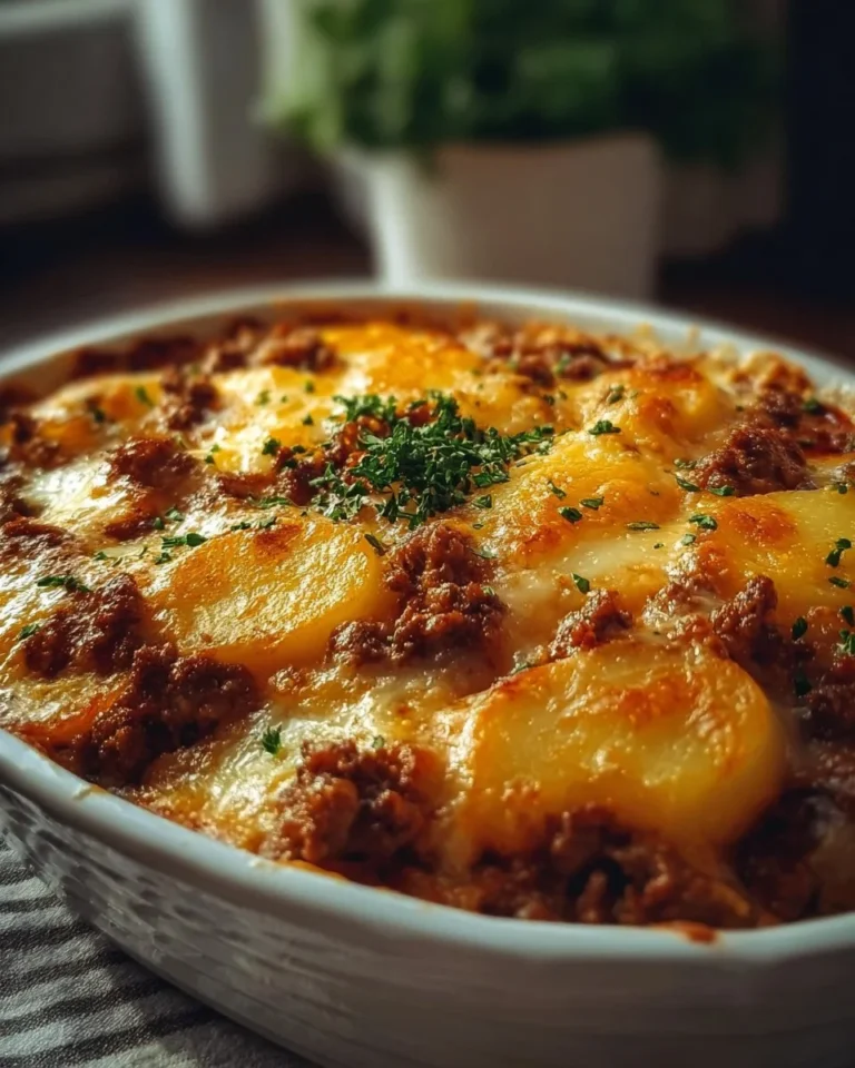Cheesy Beef and Potato Casserole served in a baking dish