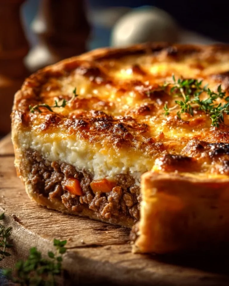 Delicious cheesy beef pie with a golden crust and gooey cheese filling