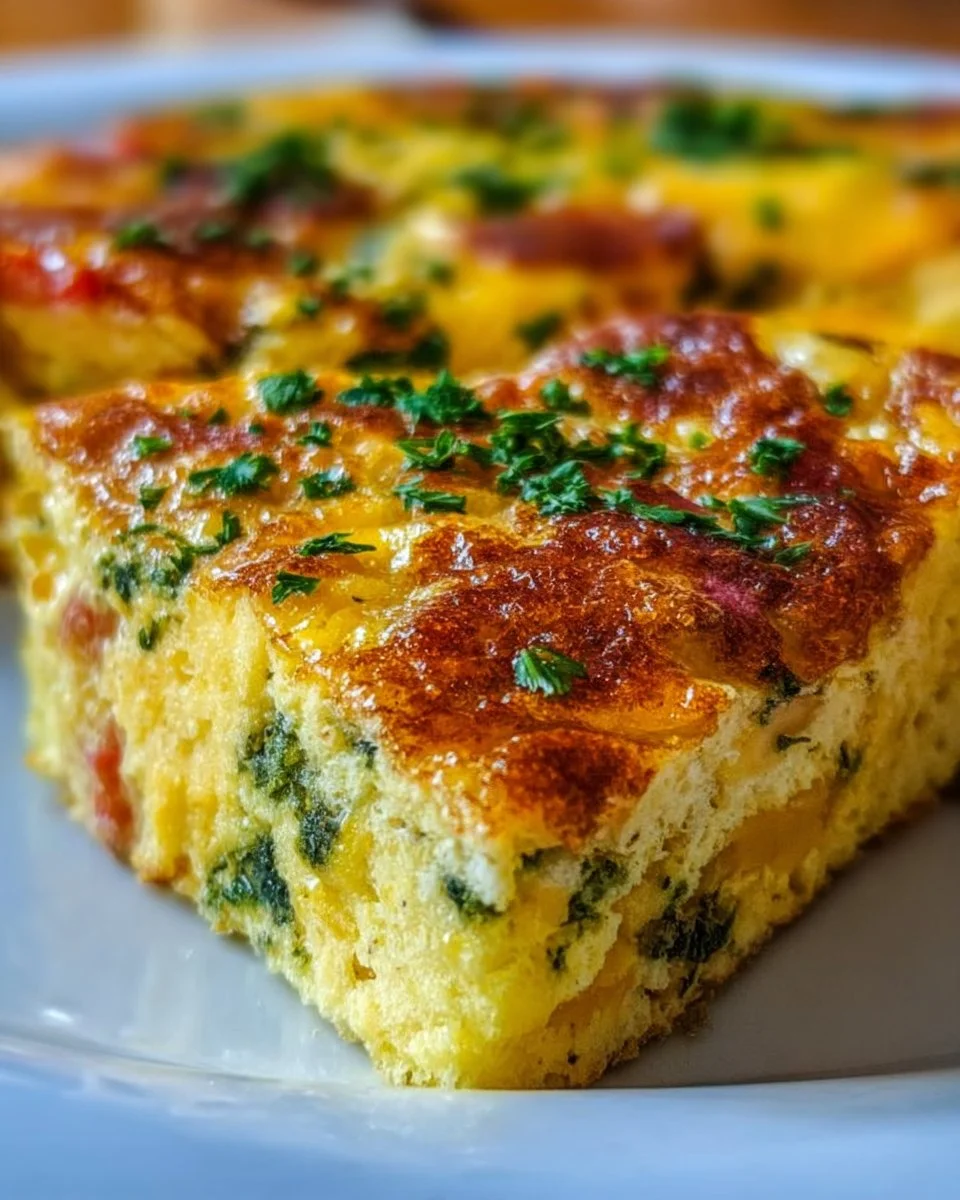 Cheesy breakfast biscuit frittata served on a plate with fresh herbs