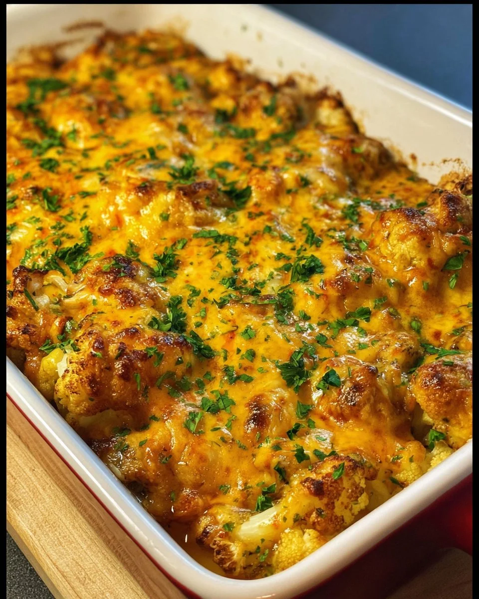 Cheesy chicken cauliflower bake served in a dish, garnished with herbs.