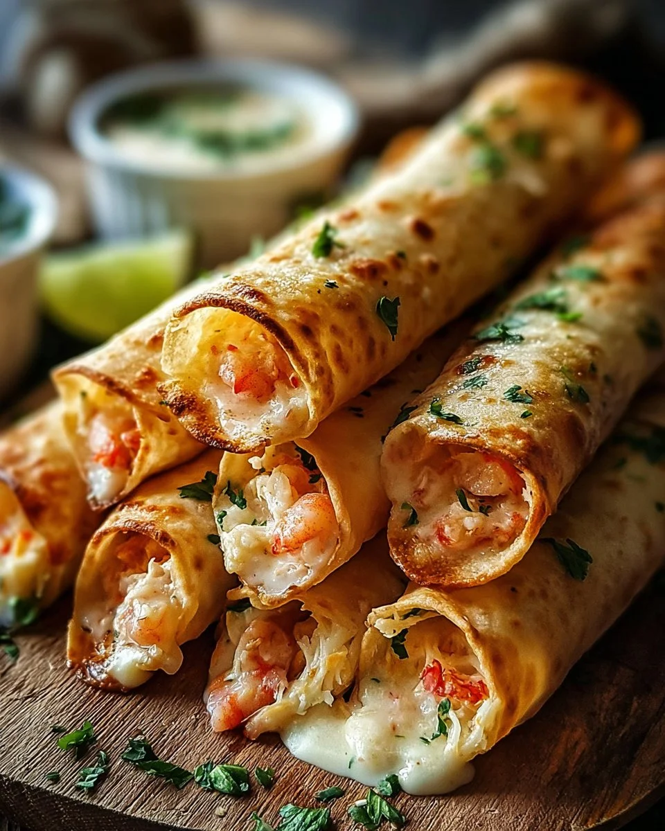 Delicious Cheesy Crab and Shrimp Taquitos served on a platter