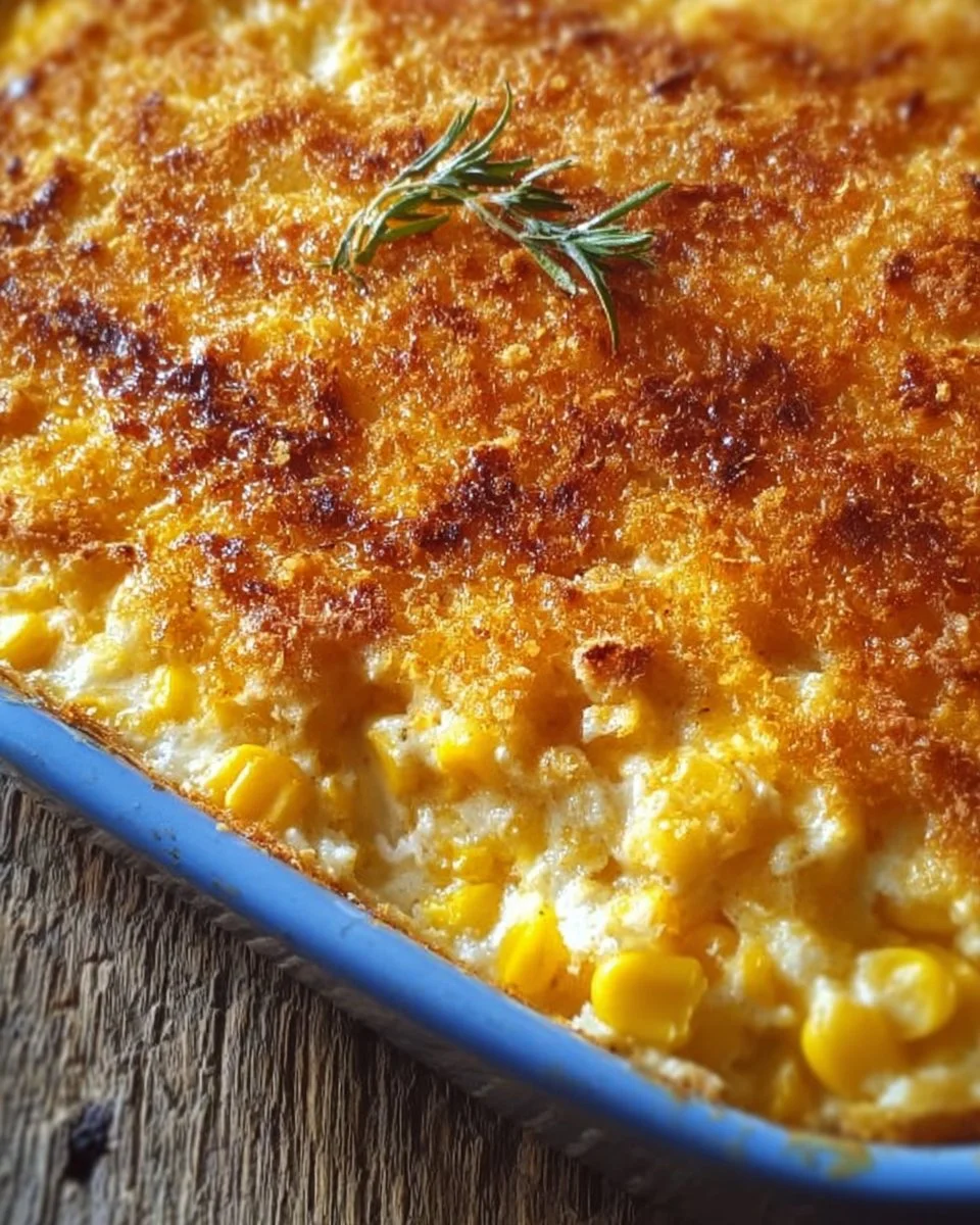 Cheesy cream cheese corn casserole baked to perfection in a dish
