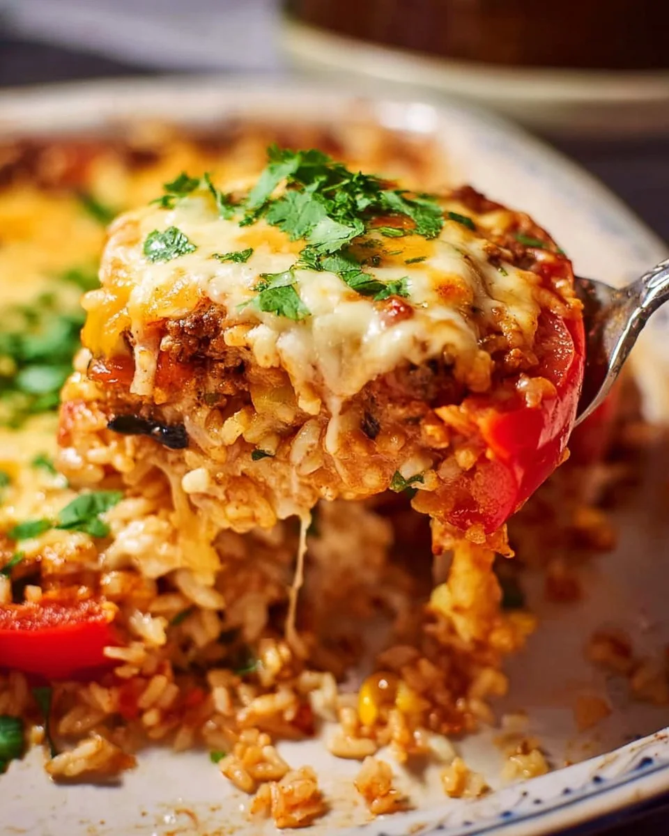 Cheesy stuffed pepper casserole served in a dish with colorful bell peppers and cheese
