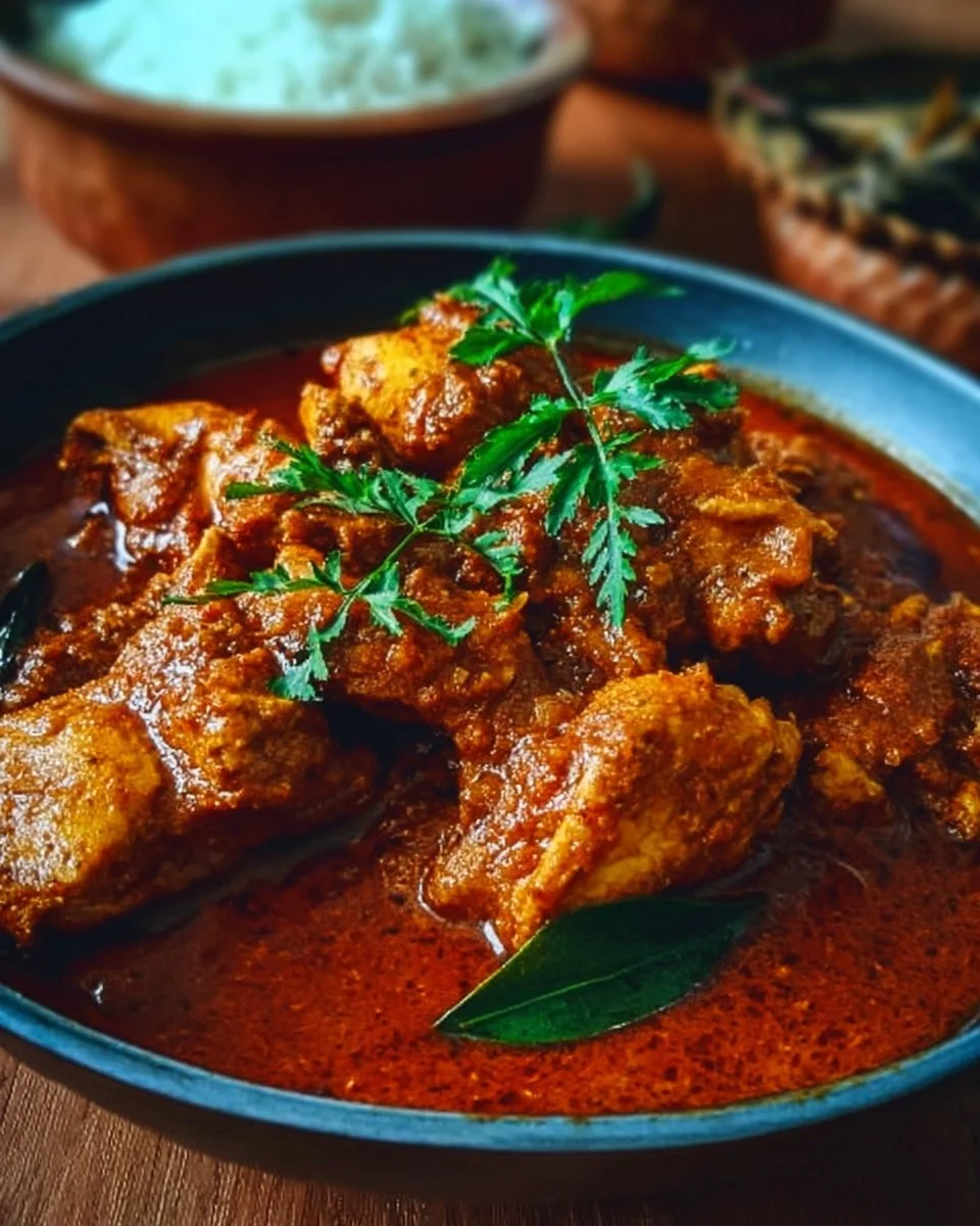 Delicious Chicken Madras curry served with rice and naan bread