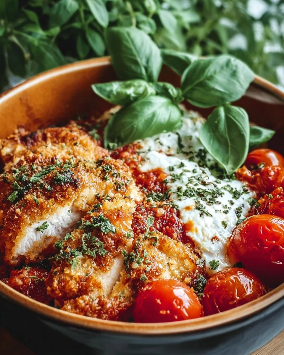 Healthy chicken parm cottage cheese bowl recipe with cheese and herbs