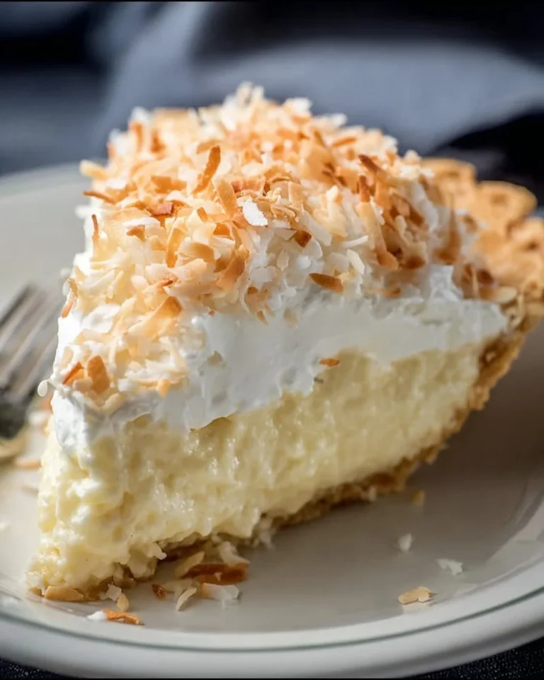Delicious slice of Coconut Cream Pie with whipped cream topping.
