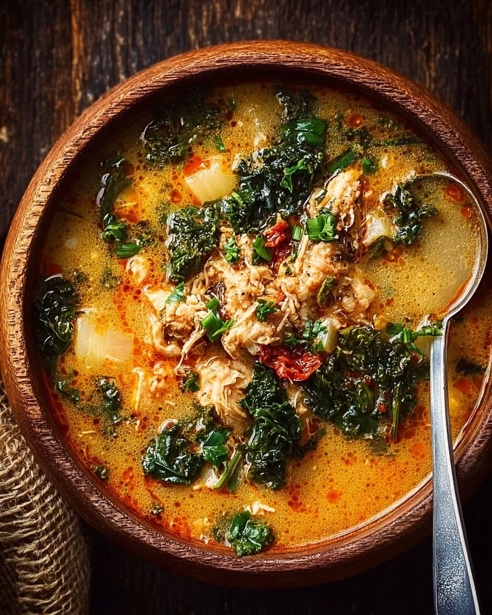 Bowl of comforting Keto Tuscan Chicken Soup with herbs and vegetables