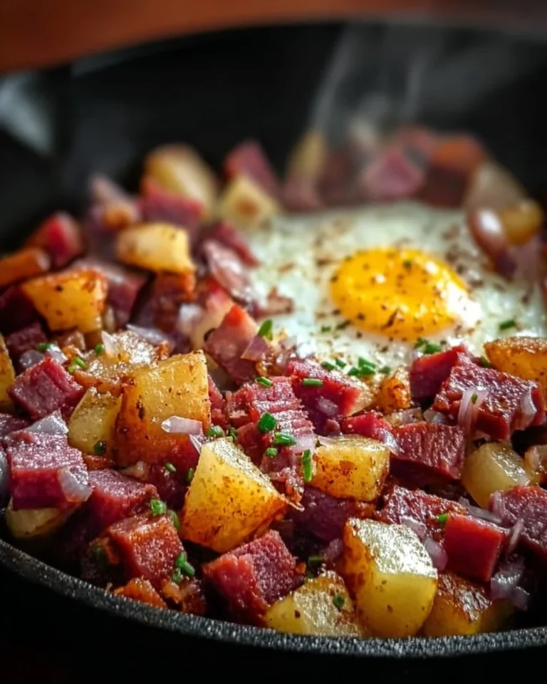 Savory corned beef hash served in a skillet with herbs and spices