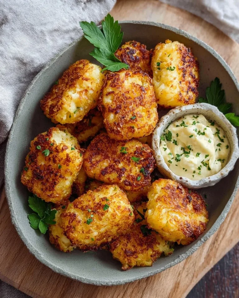 Crispy cottage cheese cauliflower tots served on a plate with dipping sauce